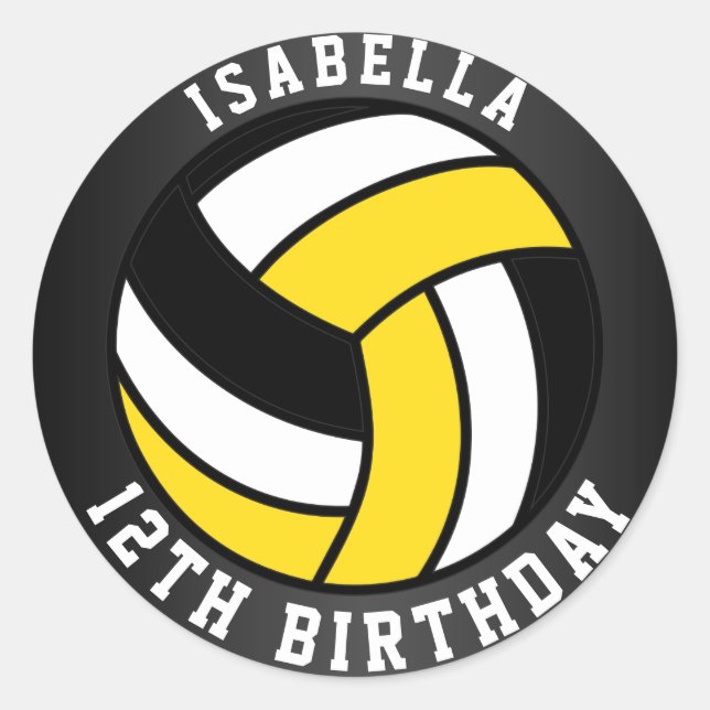 Yellow, Black and White Volleyball Birthday Classic Round Sticker (Front)