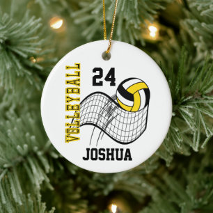 Yellow, Black and White Volleyball Ceramic Tree Decoration