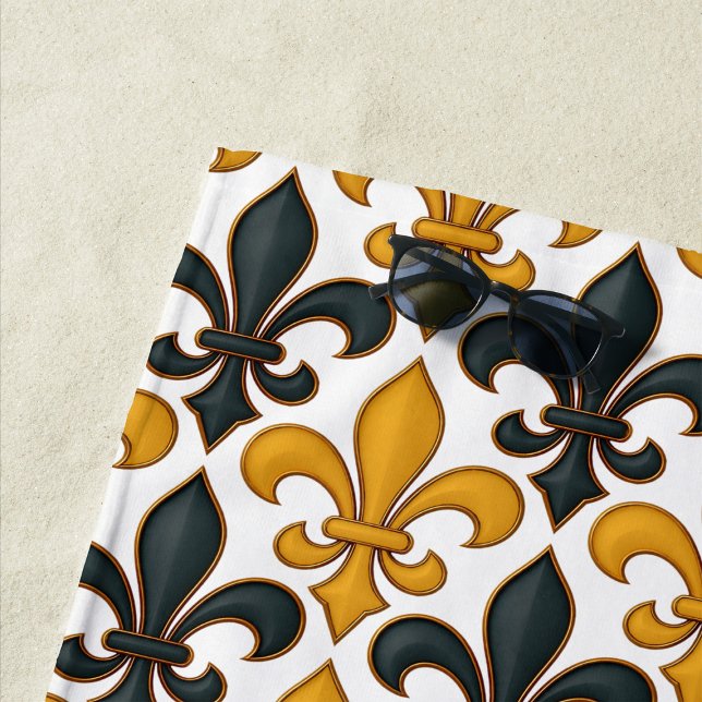 Yellow Black Baroque Fleur-de-lis Pattern Design  Beach Towel (Creator Uploaded)