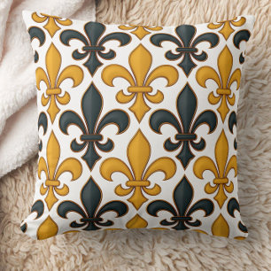 Yellow Black Baroque Fleur-de-lis Pattern Design  Cushion