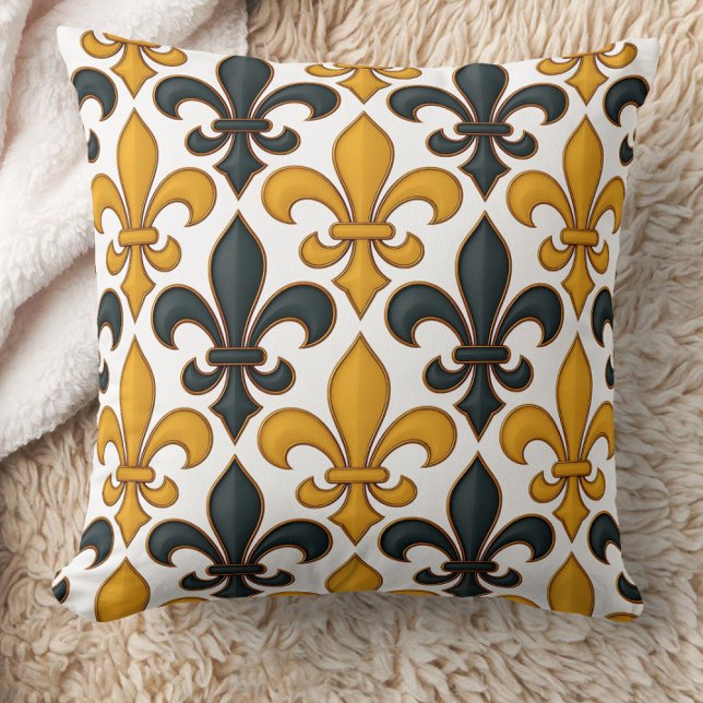 Yellow Black Baroque Fleur-de-lis Pattern Design  Cushion (Creator Uploaded)