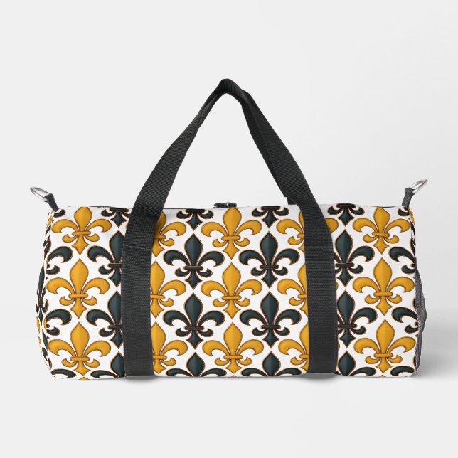 Yellow Black Baroque Fleur-de-lis Pattern Design  Duffle Bag (Front)