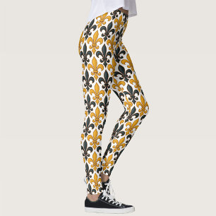 Yellow Black Baroque Fleur-de-lis Pattern Design Leggings