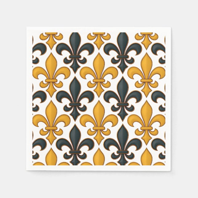 Yellow Black Baroque Fleur-de-lis Pattern Design  Napkin (Front)