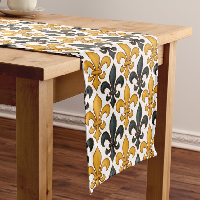Yellow Black Baroque Fleur-de-lis Pattern Design  Short Table Runner (Creator Uploaded)