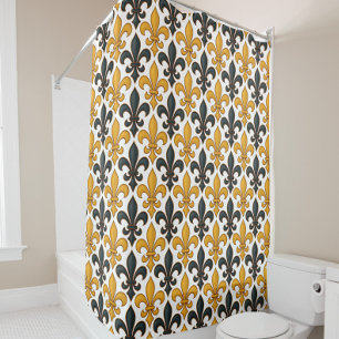 Yellow Black Baroque Fleur-de-lis Pattern Design  Shower Curtain