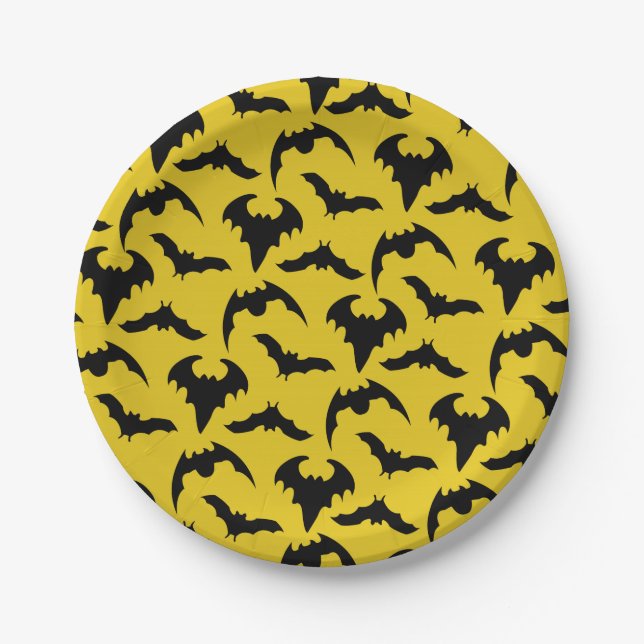 Yellow & Black Bats Halloween Party Paper Plate (Front)
