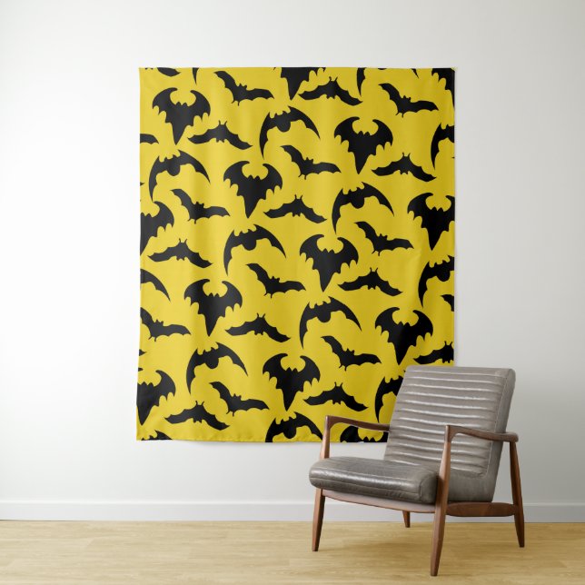 Yellow & Black Bats Halloween Party Tapestry (In Situ)