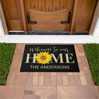 Yellow Black Beige Custom Name Sunflower Welcome Doormat