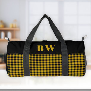 Yellow Black Buffalo Check Plaid Bold Monogram Duffle Bag