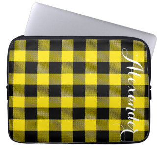 Yellow Black Buffalo Check Plaid Name Monogram Laptop Sleeve