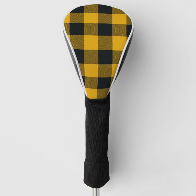 Yellow & Black Buffalo Plaid Chequered Pattern Golf Head Cover (Front)