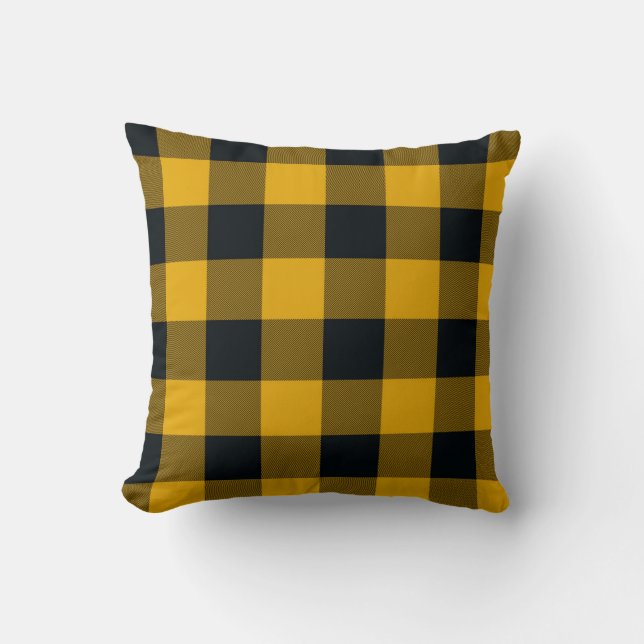 Yellow & Black Buffalo Plaid Chequered Rustic Cushion (Front)