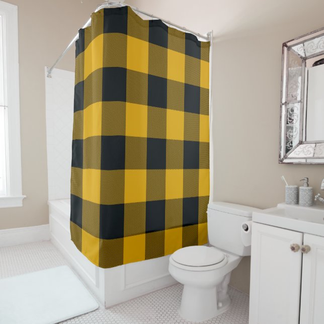 Yellow & Black Buffalo Plaid Chequered Rustic Shower Curtain (In Situ)