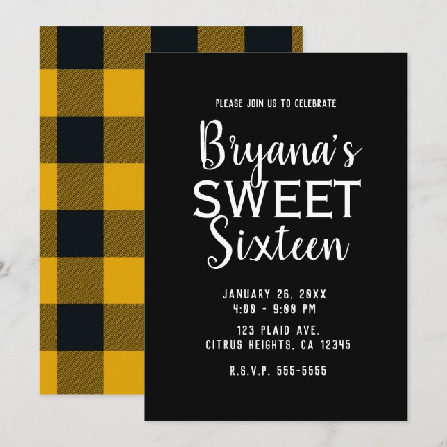 Yellow Black Buffalo Plaid Sweet 16 Birthday Party Invitation (Front/Back)