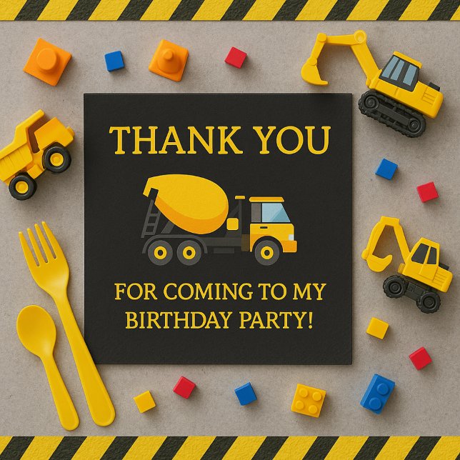 Yellow Black Cement Truck Child's Birthday Thanks Napkin (Construction birthday party paper napkins)