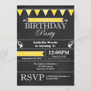 Yellow Black Chalkboard Birthday Invitation