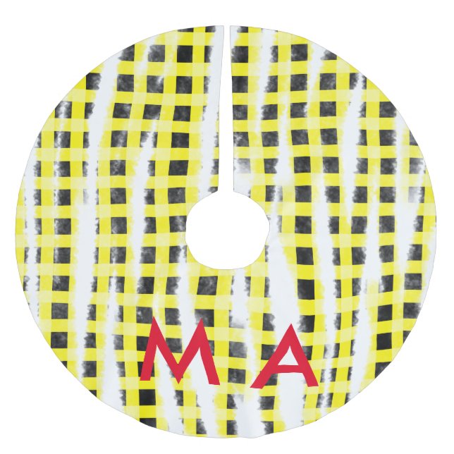 Yellow Black checkboard add name monogram name let Brushed Polyester Tree Skirt (Front)