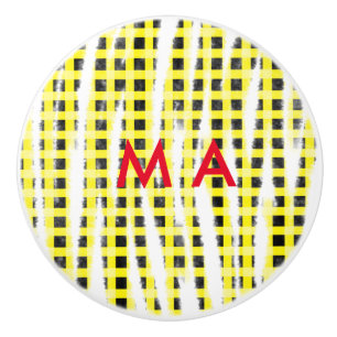 Yellow Black checkboard add name monogram name let Ceramic Knob