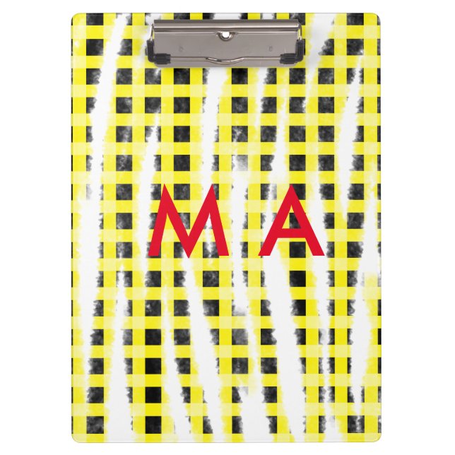 Yellow Black checkboard add name monogram name let Clipboard (Front)