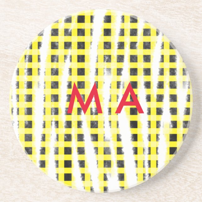 Yellow Black checkboard add name monogram name let Coaster (Front)