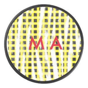 Yellow Black checkboard add name monogram name let Hockey Puck