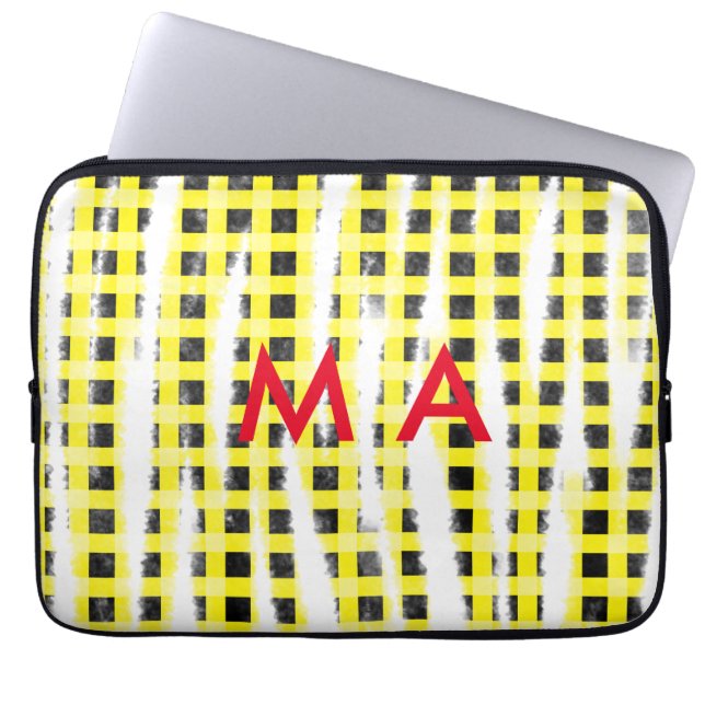Yellow Black checkboard add name monogram name let Laptop Sleeve (Front)