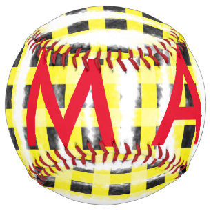 Yellow Black checkboard add name monogram name let Softball