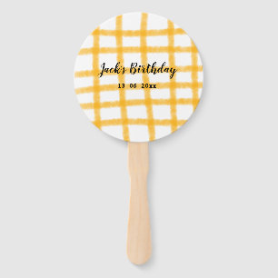 yellow black chequerboard add name date birthday hand fan