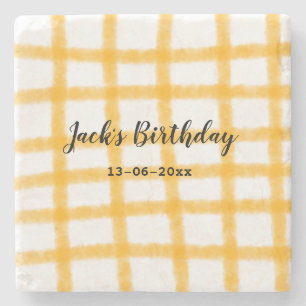 yellow black chequerboard add name date birthday stone coaster