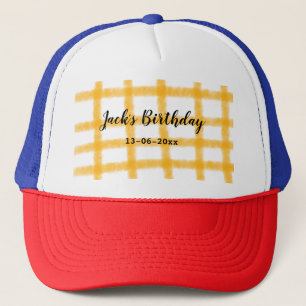 yellow black chequerboard add name date birthday  trucker hat