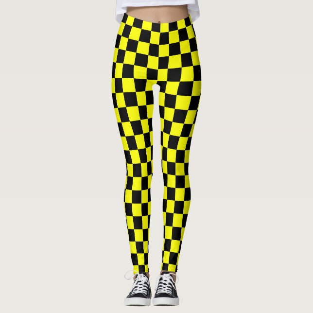 Yellow Black Chequered Check Pattern Leggings (Front)