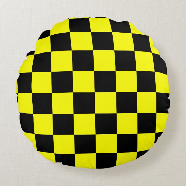 Yellow Black Chequered Check Pattern Round Cushion (Front)