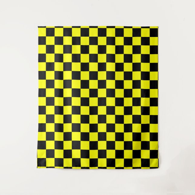 Yellow Black Chequered Check Pattern Tapestry (Front)