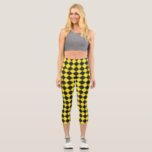 Yellow Black Chequered Diamond Pattern Capri Leggings