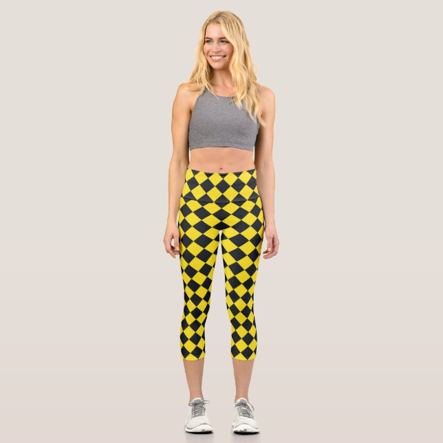Yellow Black Chequered Diamond Pattern  Capri Leggings (Front)