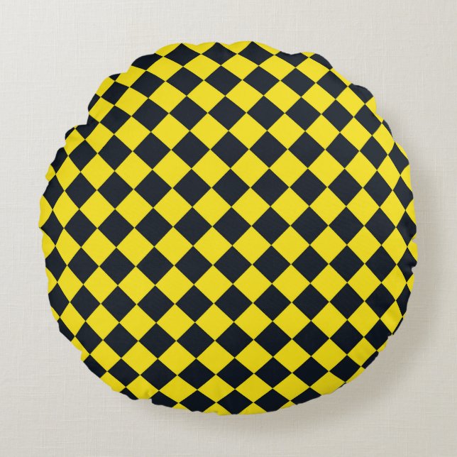 Yellow Black Chequered Diamond Pattern  Round Cushion (Front)