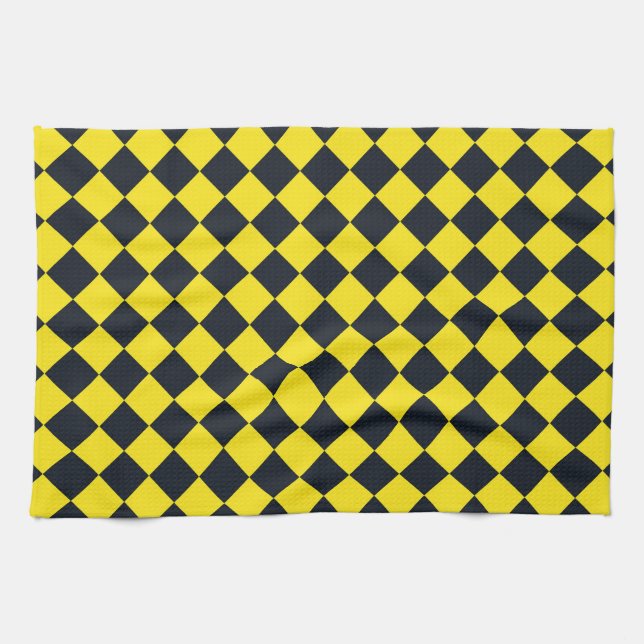 Yellow Black Chequered Diamond Pattern  Tea Towel (Horizontal)