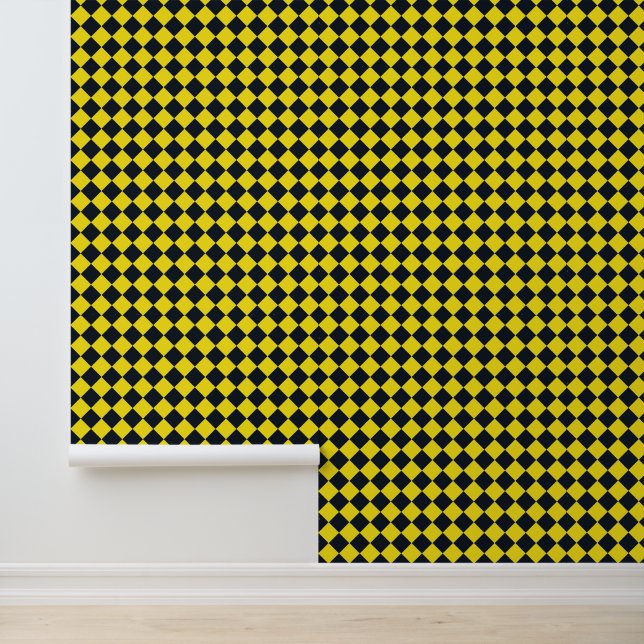 Yellow Black Chequered Diamond Pattern Wallpaper (Application)