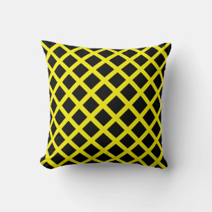 Yellow Black Chequered Diamond Stripes Pattern Cushion