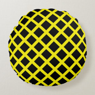 Yellow Black Chequered Diamond Stripes Pattern Round Cushion