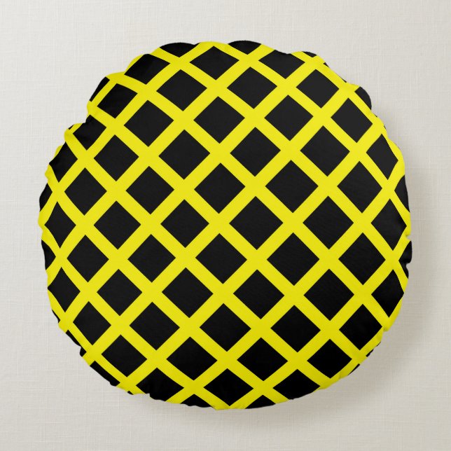 Yellow Black Chequered Diamond Stripes Pattern Round Cushion (Front)