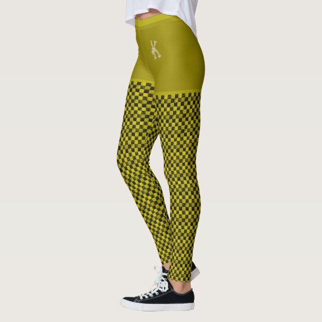 Yellow Black Chequered Pattern Monogram Customised Leggings (Left)