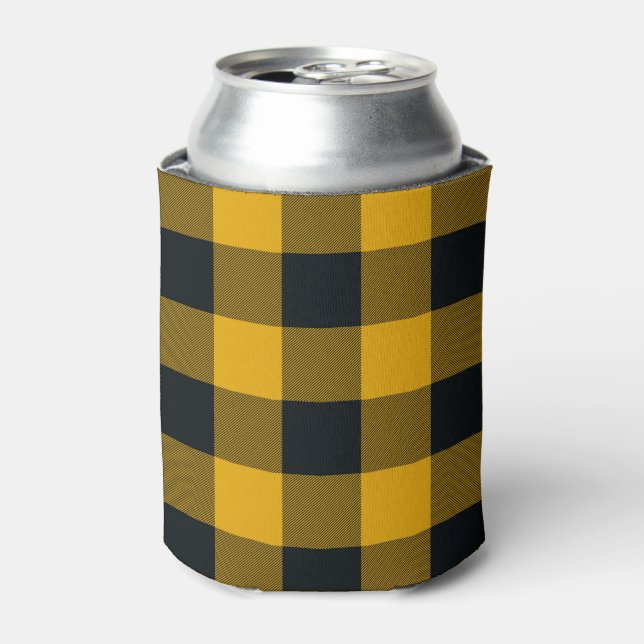 Yellow & Black Chequered Squares Buffalo Plaid Can Cooler (Can Front)