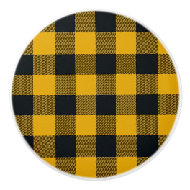 Yellow & Black Chequered Squares Buffalo Plaid Ceramic Knob (Front)