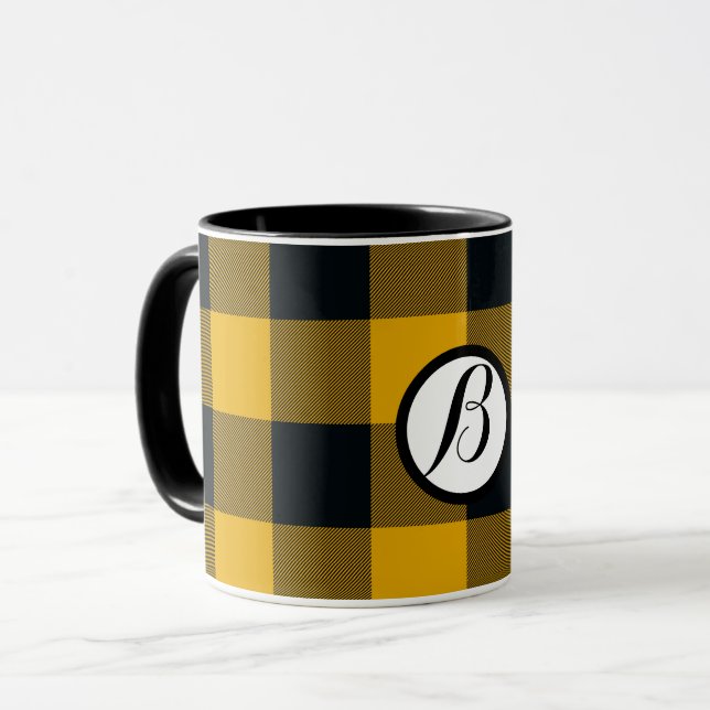 Yellow & Black Chequered Squares Buffalo Plaid Mug (Front Left)