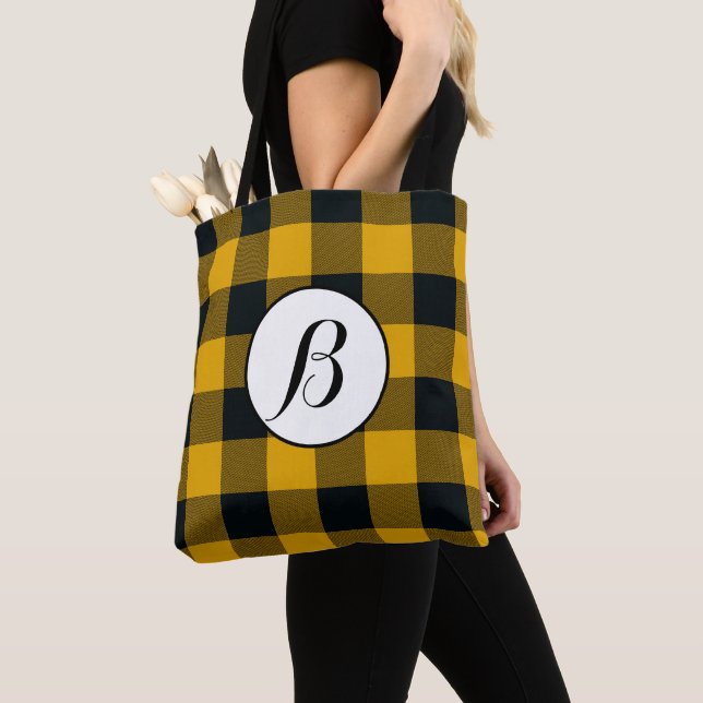 Yellow & Black Chequered Squares Buffalo Plaid Tote Bag (Close Up)