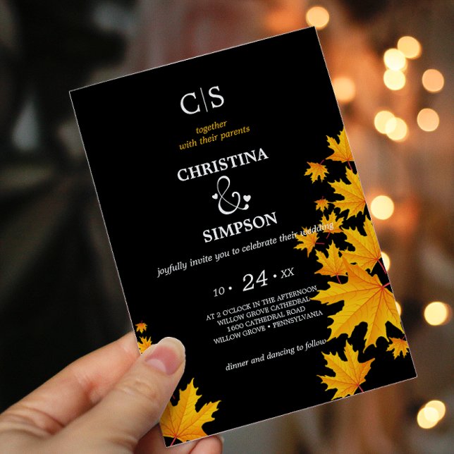 Yellow & Black Classic autumn leaves wedding   Invitation (Creator Uploaded)