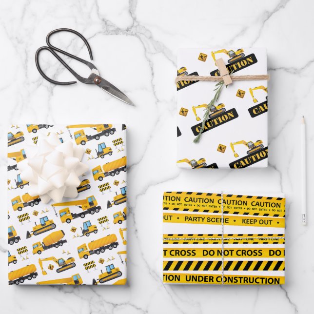 Yellow Black Construction Boy Birthday Gift Favour Wrapping Paper Sheet (Front)