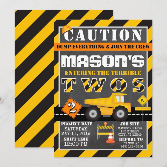 Yellow Black Construction Zone Dump Truck Party Invitation (Front/Back)